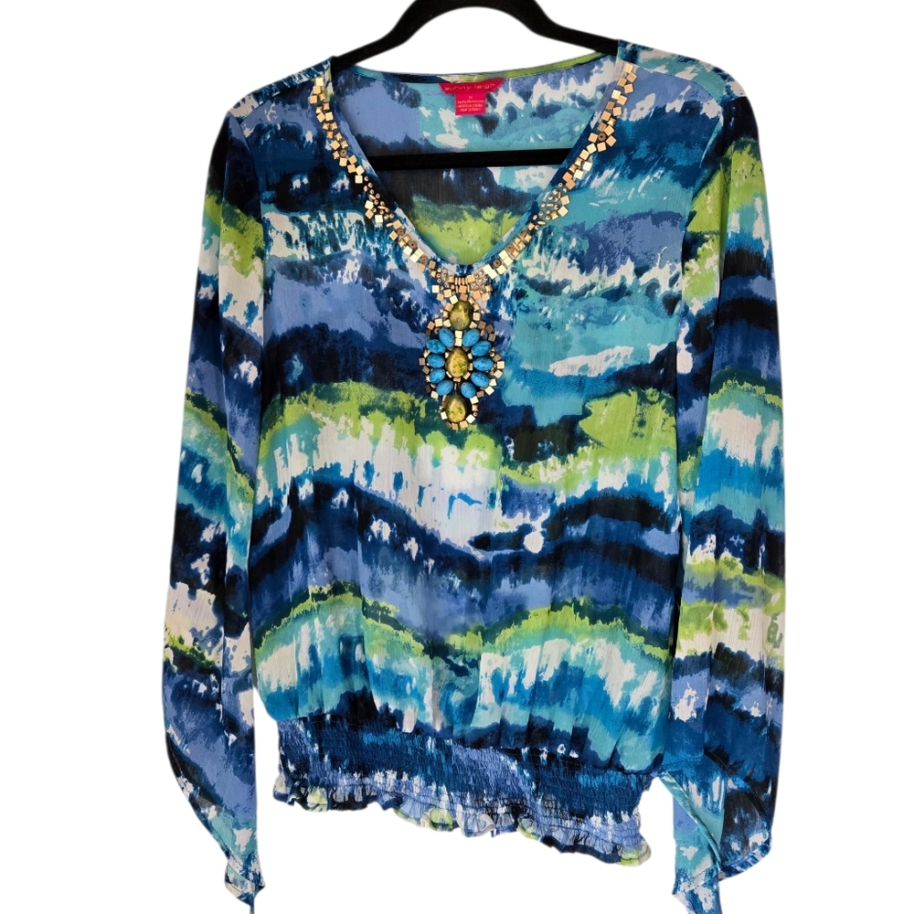 Sunny Leigh Blue and Green Women's Beaded V-Neck Top Sze Medium
